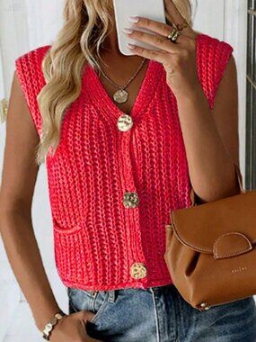 Red Casual Women's V-Neck Ribbed Knit Sweater Vest